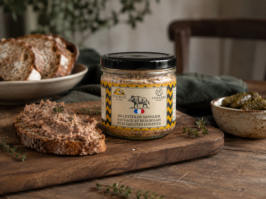 Rillettes de sanglier au beaujolais et échalotes confites - Maison Pignol - 150g